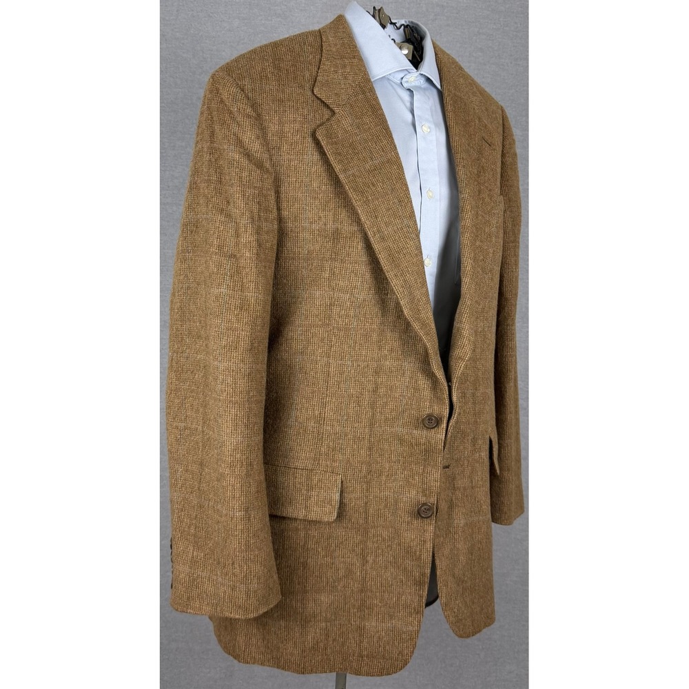 Saks Fifth Avenue Mens 46R Camel Hair Blazer Tan Windowpane Sport Coat 2-Button